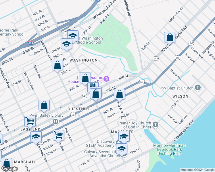 map of restaurants, bars, coffee shops, grocery stores, and more near 2713 Oak Avenue in Newport News
