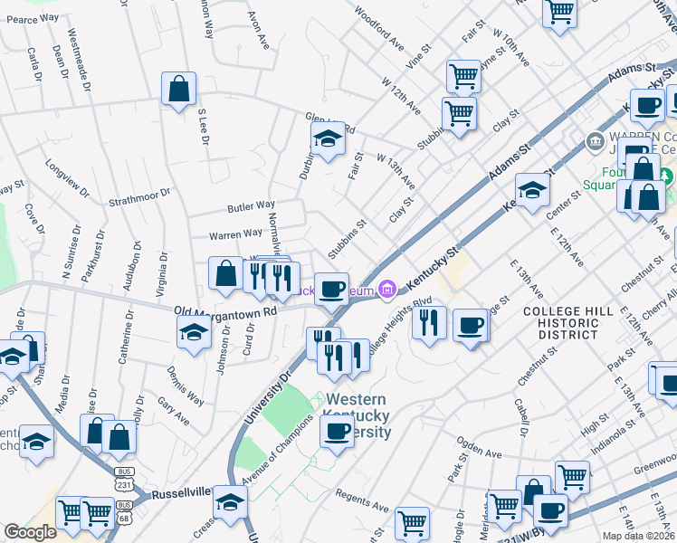 map of restaurants, bars, coffee shops, grocery stores, and more near 1601 Madison Street in Bowling Green