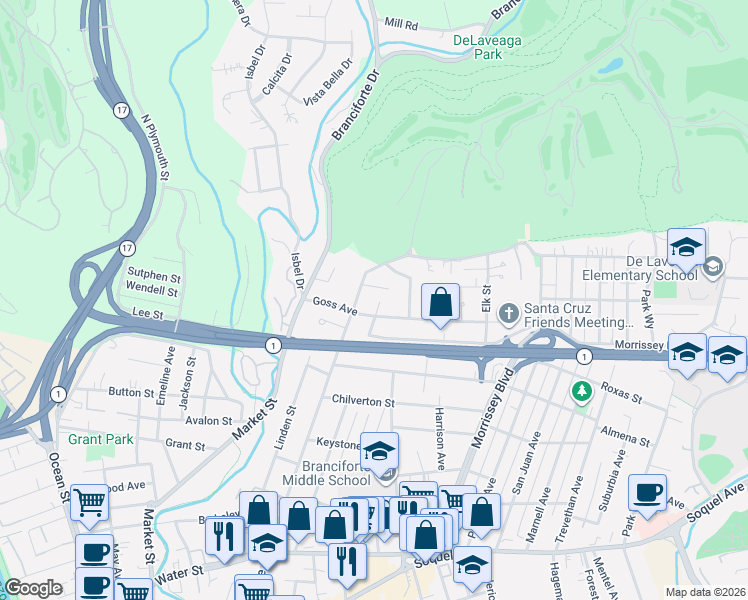 map of restaurants, bars, coffee shops, grocery stores, and more near 1410 North Branciforte Avenue in Santa Cruz