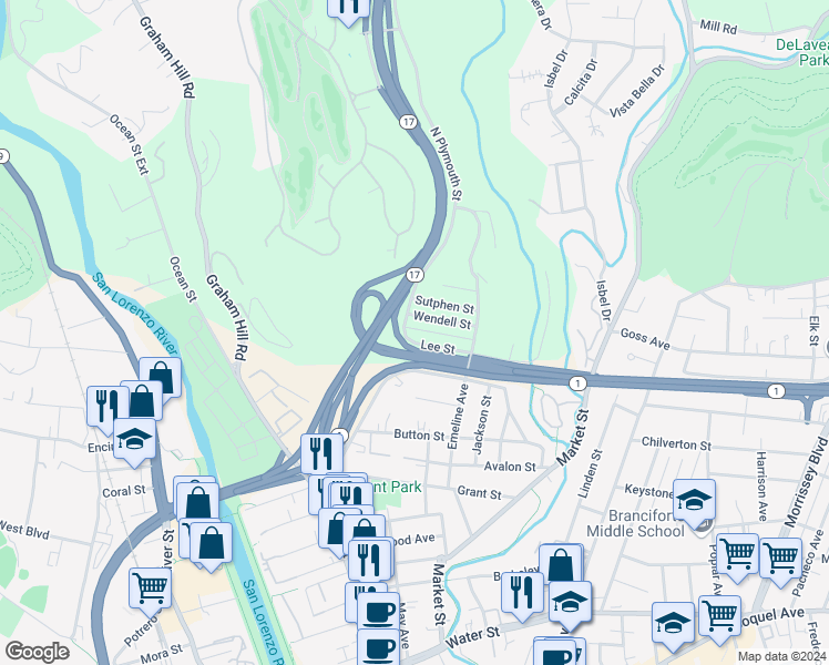 map of restaurants, bars, coffee shops, grocery stores, and more near 109 Lee Street in Santa Cruz