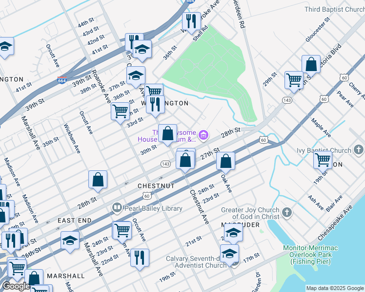 map of restaurants, bars, coffee shops, grocery stores, and more near 1220 29th Street in Newport News