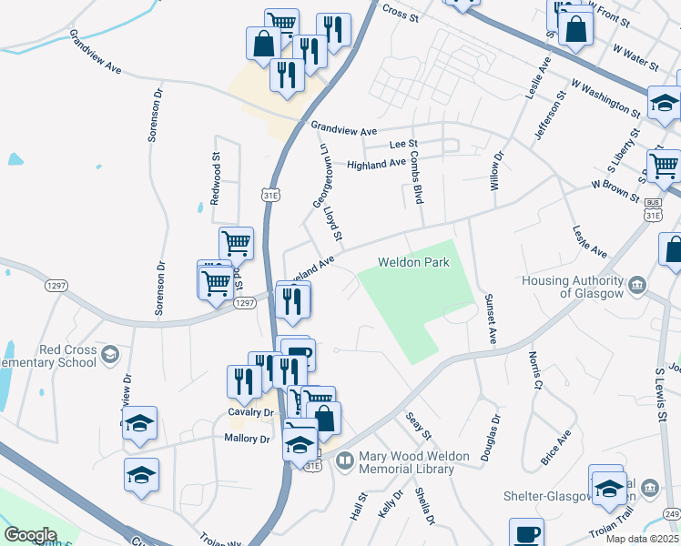 map of restaurants, bars, coffee shops, grocery stores, and more near 230 South L Rogers Wells Boulevard in Glasgow