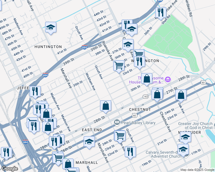 map of restaurants, bars, coffee shops, grocery stores, and more near 3206 Orcutt Avenue in Newport News