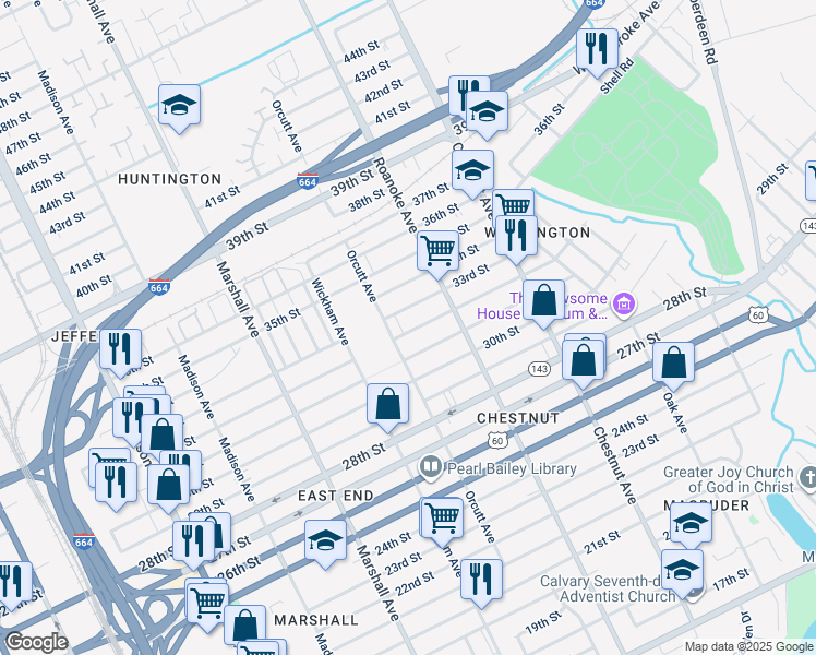 map of restaurants, bars, coffee shops, grocery stores, and more near 1027 32nd Street in Newport News