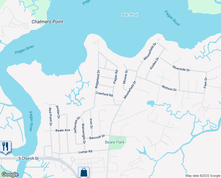 map of restaurants, bars, coffee shops, grocery stores, and more near 501 Williamsburg Avenue in Smithfield