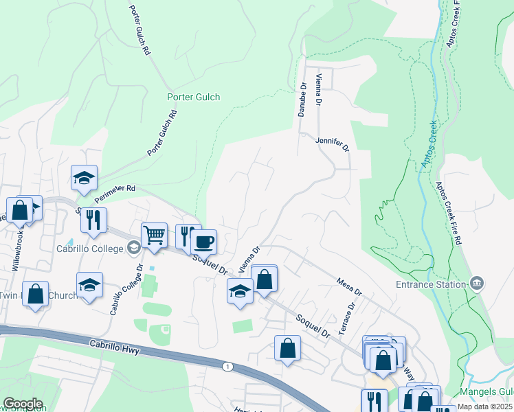 map of restaurants, bars, coffee shops, grocery stores, and more near 140 Paseo Bonito Ln in Aptos
