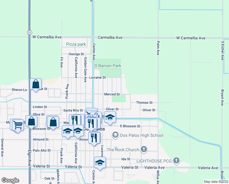 map of restaurants, bars, coffee shops, grocery stores, and more near 1125 Wilson Avenue in Dos Palos