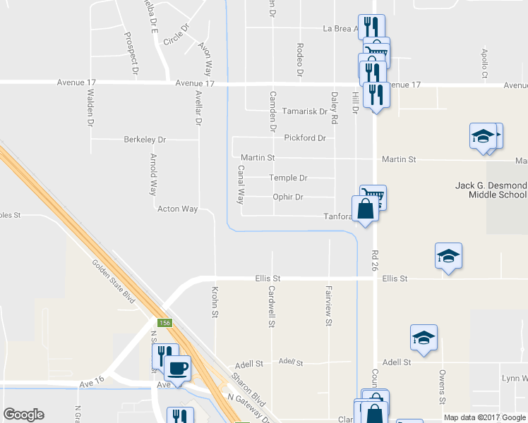 map of restaurants, bars, coffee shops, grocery stores, and more near 25625 Tanforan Drive in Madera