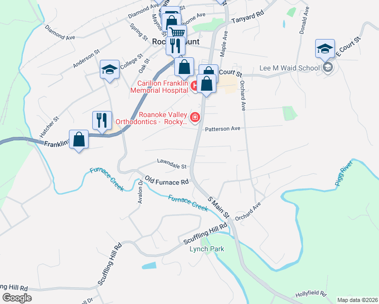 map of restaurants, bars, coffee shops, grocery stores, and more near 45 Mountain Avenue in Rocky Mount