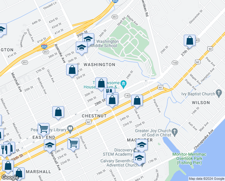 map of restaurants, bars, coffee shops, grocery stores, and more near 1230 29th Street in Newport News