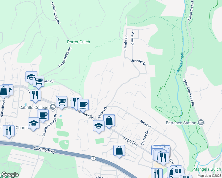 map of restaurants, bars, coffee shops, grocery stores, and more near 150 Paseo Bonito Lane in Aptos