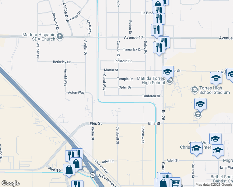 map of restaurants, bars, coffee shops, grocery stores, and more near 25625 Tanforan Drive in Madera
