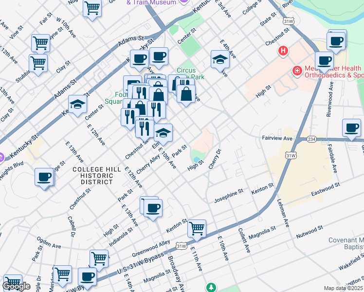 map of restaurants, bars, coffee shops, grocery stores, and more near 931 Park Street in Bowling Green
