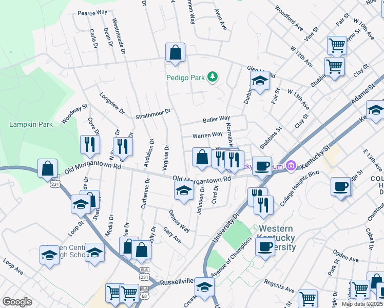 map of restaurants, bars, coffee shops, grocery stores, and more near 429 Gayle Way in Bowling Green