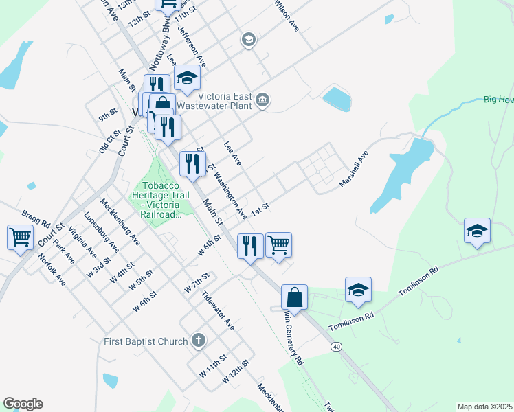 map of restaurants, bars, coffee shops, grocery stores, and more near 1540 1st Street in Victoria