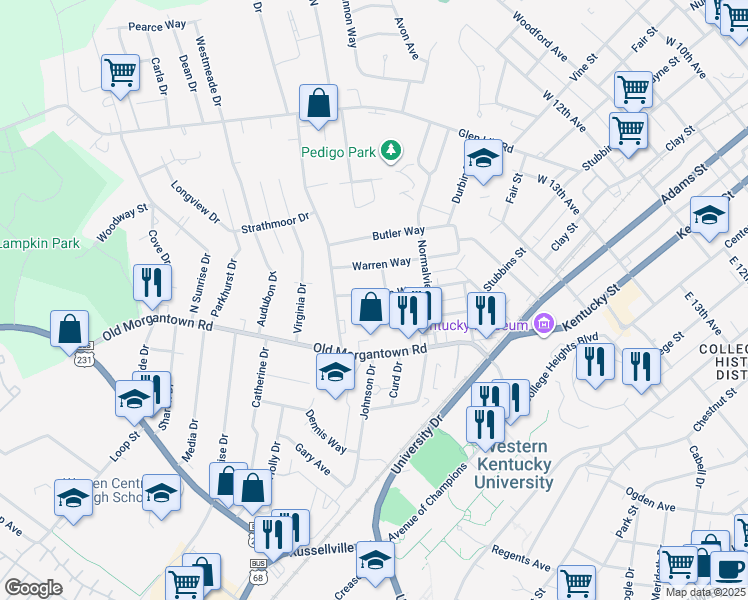 map of restaurants, bars, coffee shops, grocery stores, and more near 409 Gayle Way in Bowling Green