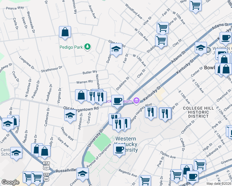 map of restaurants, bars, coffee shops, grocery stores, and more near 1601-1607 Madison Street in Bowling Green