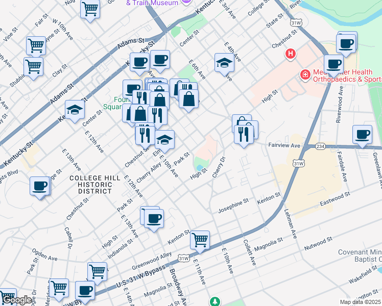 map of restaurants, bars, coffee shops, grocery stores, and more near 707 East Main Avenue in Bowling Green
