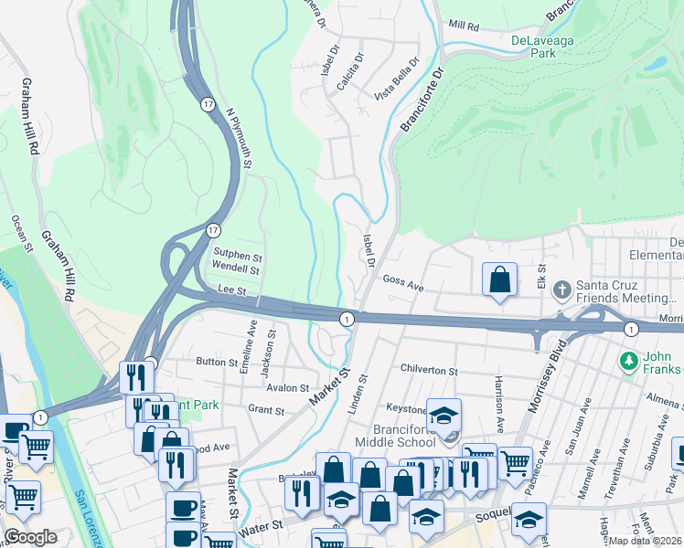 map of restaurants, bars, coffee shops, grocery stores, and more near 237 Fieldcrest Lane in Santa Cruz