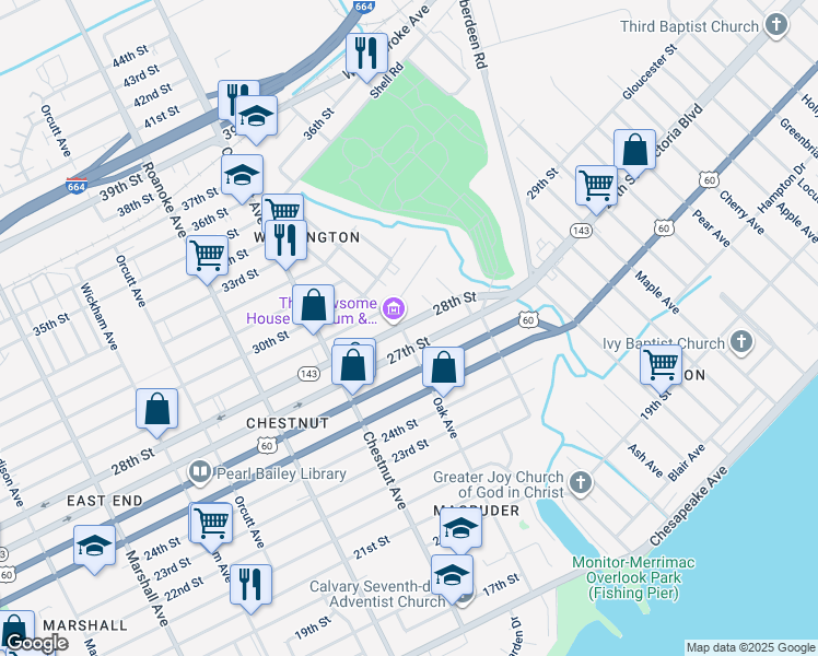 map of restaurants, bars, coffee shops, grocery stores, and more near 1307 27th Street in Newport News