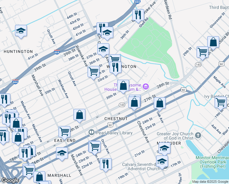 map of restaurants, bars, coffee shops, grocery stores, and more near 1129 30th Street in Newport News