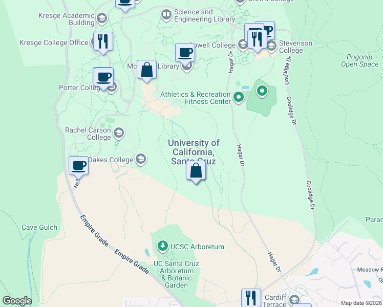map of restaurants, bars, coffee shops, grocery stores, and more near in Santa Cruz