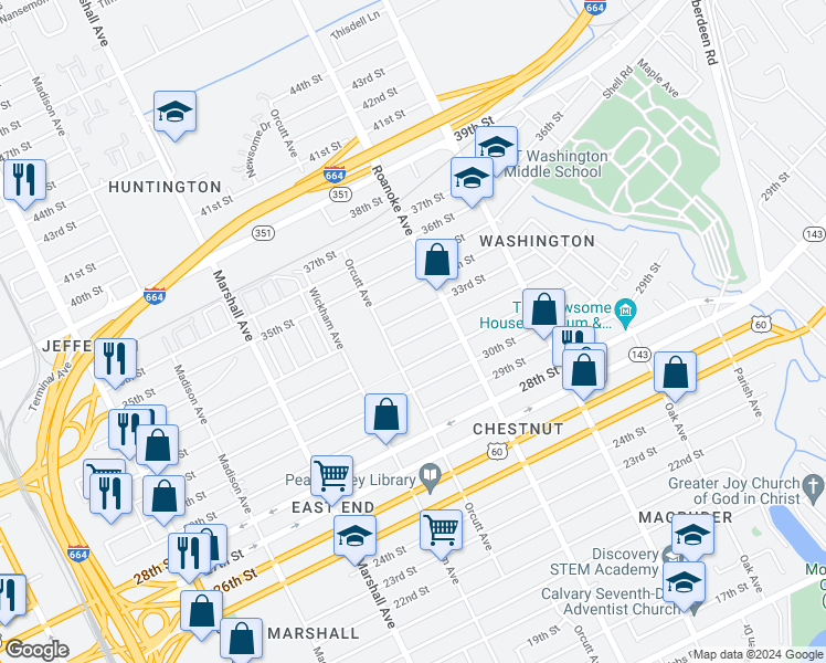 map of restaurants, bars, coffee shops, grocery stores, and more near 1028 32nd Street in Newport News
