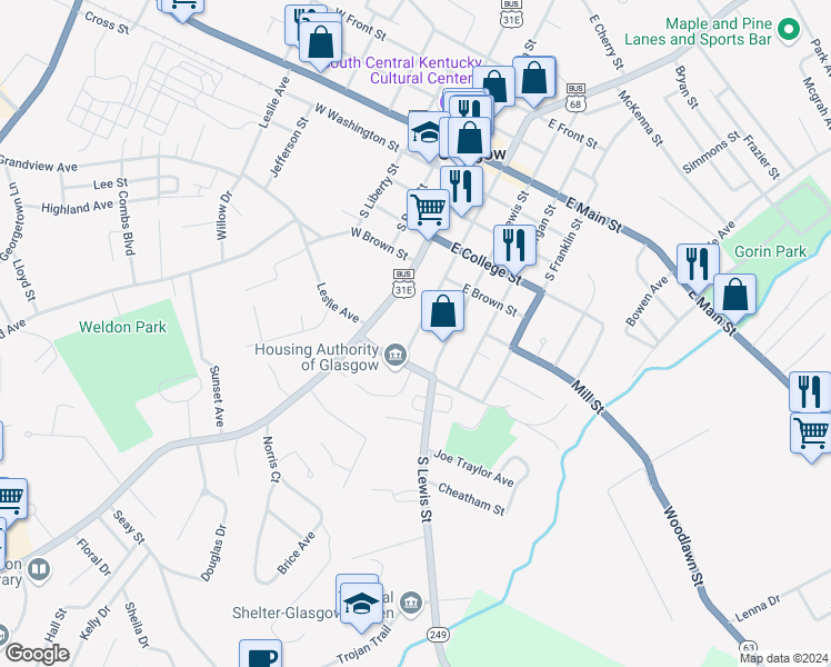 map of restaurants, bars, coffee shops, grocery stores, and more near 504 S Broadway in Glasgow