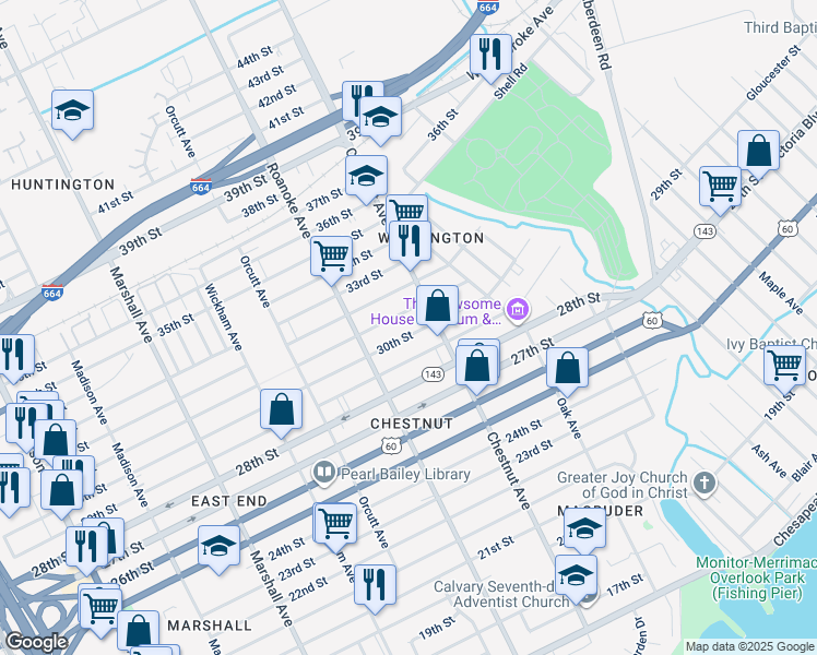 map of restaurants, bars, coffee shops, grocery stores, and more near 1143 30th Street in Newport News