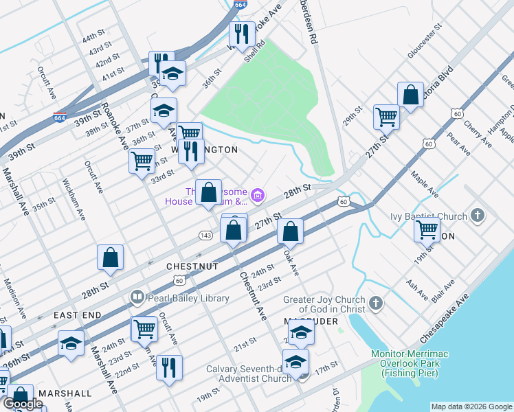 map of restaurants, bars, coffee shops, grocery stores, and more near 2803 Oak Avenue in Newport News