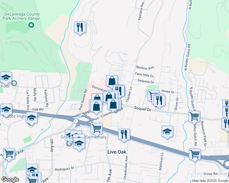 map of restaurants, bars, coffee shops, grocery stores, and more near 3129 Mission Drive in Santa Cruz