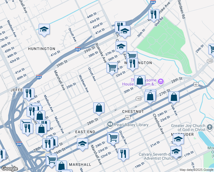 map of restaurants, bars, coffee shops, grocery stores, and more near 1027 32nd Street in Newport News