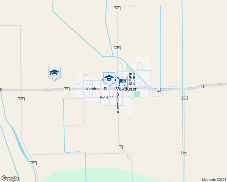 map of restaurants, bars, coffee shops, grocery stores, and more near 401 Bryan Street in Vanduser