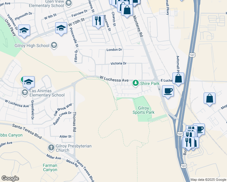 map of restaurants, bars, coffee shops, grocery stores, and more near 123 Palomino Place in Gilroy