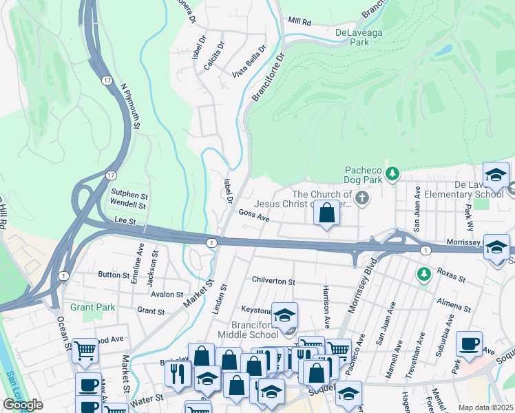 map of restaurants, bars, coffee shops, grocery stores, and more near 133 Goss Avenue in Santa Cruz
