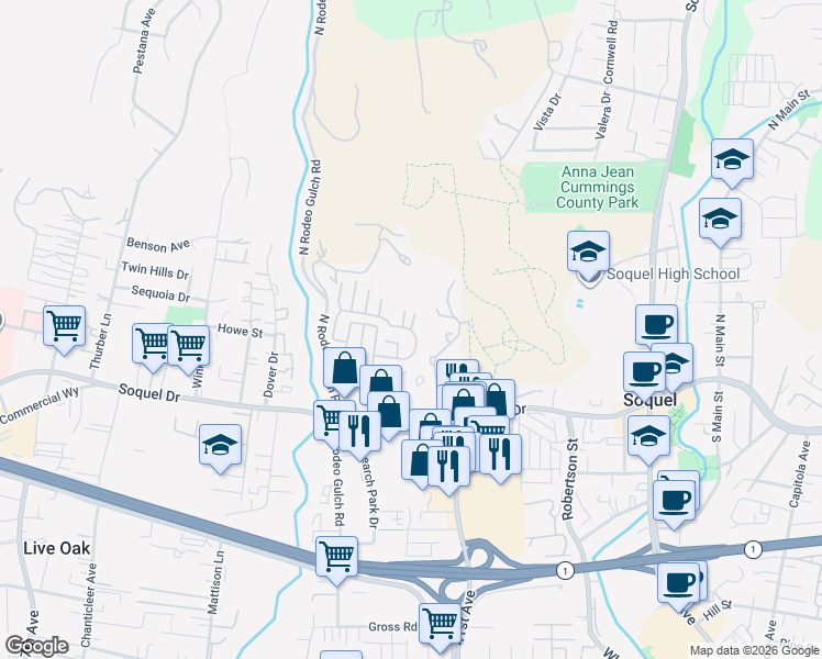 map of restaurants, bars, coffee shops, grocery stores, and more near Unnamed Road in Soquel