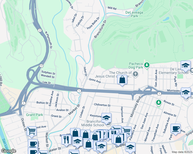 map of restaurants, bars, coffee shops, grocery stores, and more near 133 Goss Avenue in Santa Cruz