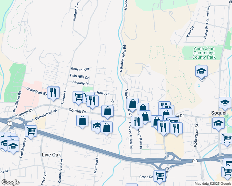 map of restaurants, bars, coffee shops, grocery stores, and more near 3216 Stockbridge Lane in Santa Cruz