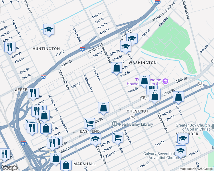 map of restaurants, bars, coffee shops, grocery stores, and more near 3206 Orcutt Avenue in Newport News
