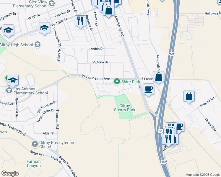 map of restaurants, bars, coffee shops, grocery stores, and more near 150 Shire Street in Gilroy