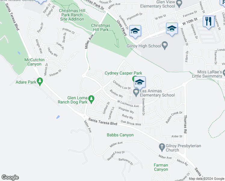 map of restaurants, bars, coffee shops, grocery stores, and more near 1263 Bonino way in Gilroy