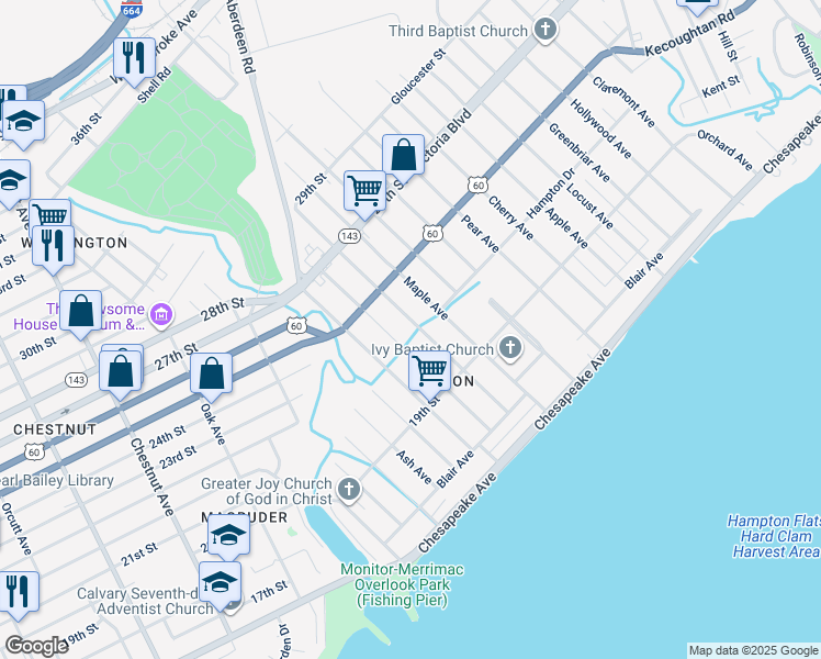 map of restaurants, bars, coffee shops, grocery stores, and more near 203 Poplar Avenue in Newport News