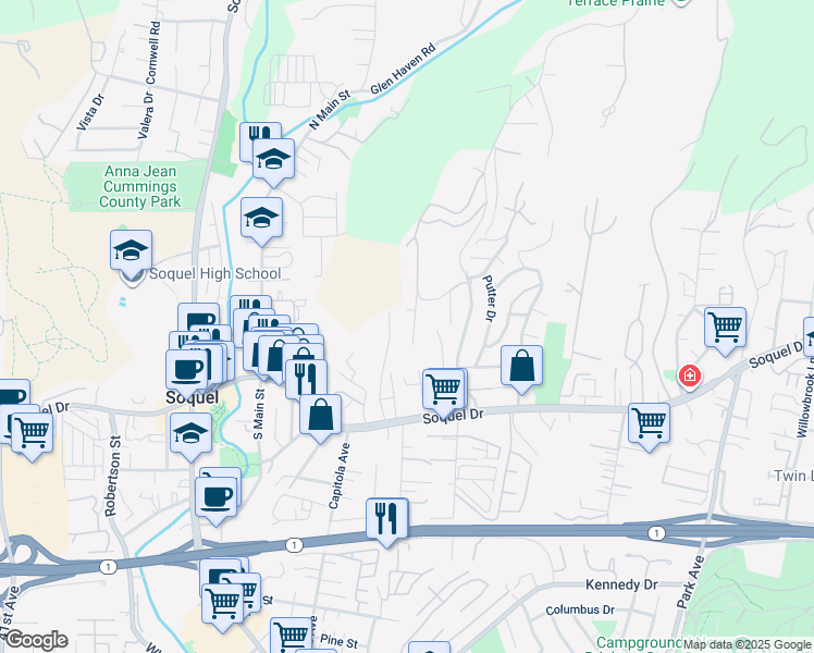map of restaurants, bars, coffee shops, grocery stores, and more near 3315 Crestline Way in Soquel
