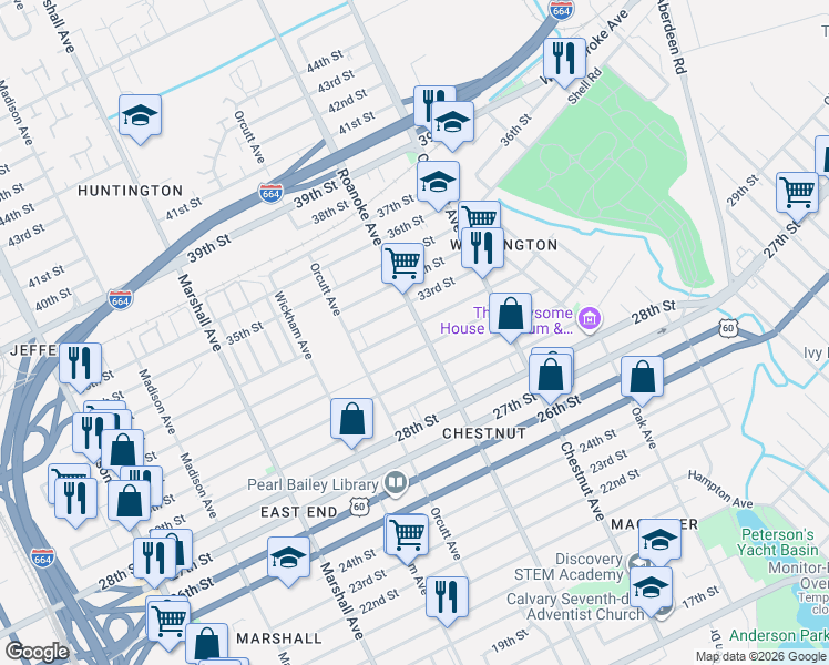 map of restaurants, bars, coffee shops, grocery stores, and more near 3011 Roanoke Avenue in Newport News