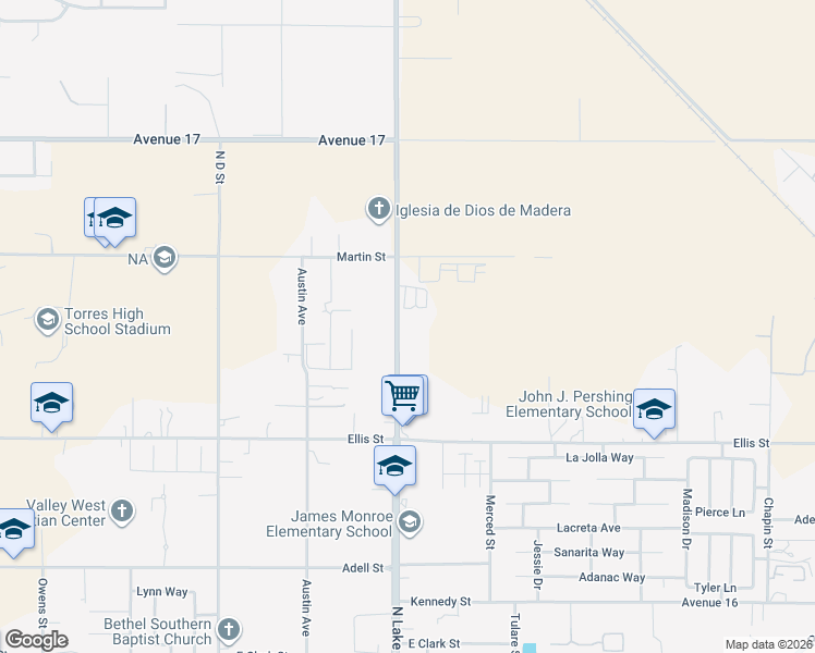 map of restaurants, bars, coffee shops, grocery stores, and more near 16581 North Lake Street in Madera