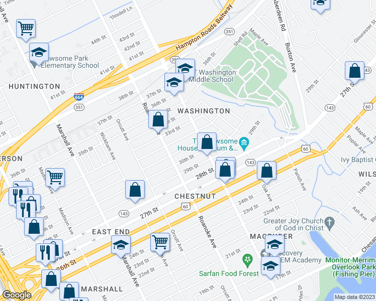 map of restaurants, bars, coffee shops, grocery stores, and more near 1134 31st Street in Newport News