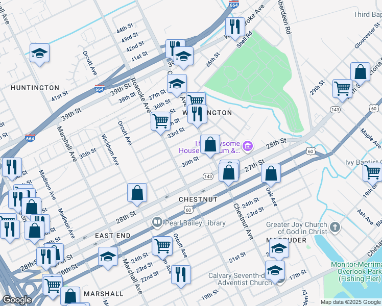 map of restaurants, bars, coffee shops, grocery stores, and more near 1134 31st Street in Newport News