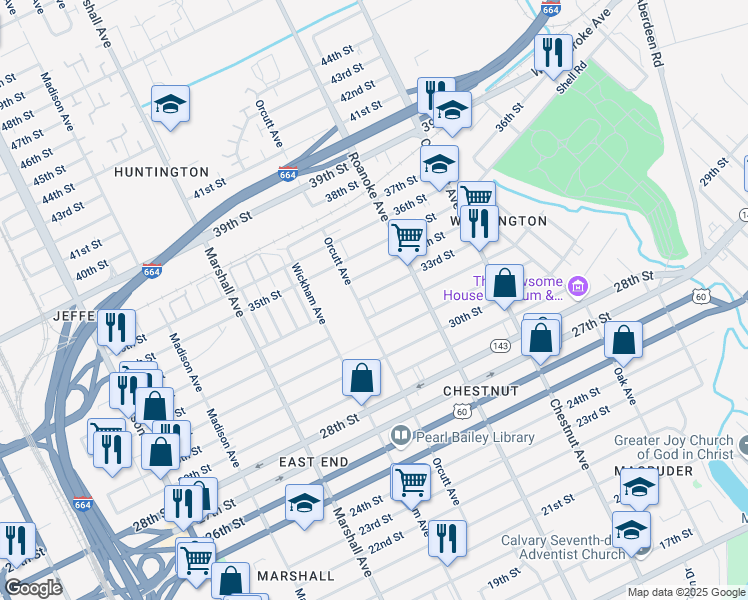 map of restaurants, bars, coffee shops, grocery stores, and more near 3206 Orcutt Avenue in Newport News