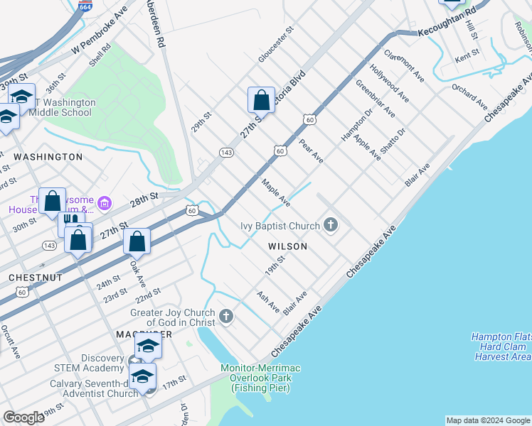 map of restaurants, bars, coffee shops, grocery stores, and more near 203 Poplar Avenue in Newport News