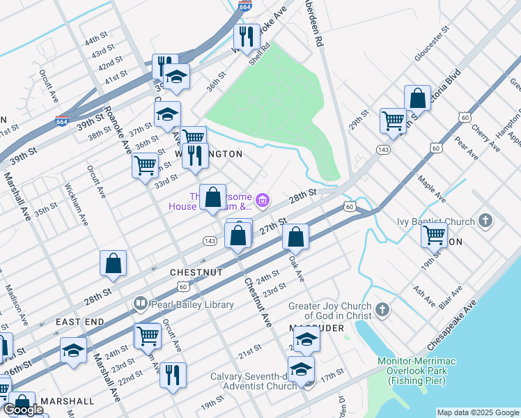 map of restaurants, bars, coffee shops, grocery stores, and more near 2803 Oak Avenue in Newport News
